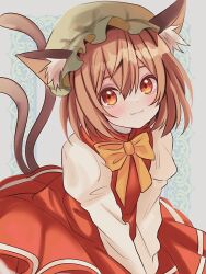  1girl :3 absurdres animal_ear_fluff animal_ears blush bow bowtie brown_eyes brown_hair cat_ears cat_tail chen commentary_request cowboy_shot dot_nose double-parted_bangs ears_through_headwear eyebrows_hidden_by_hair flat_chest grey_background hair_between_eyes highres juliet_sleeves leaning_forward light_smile long_sleeves looking_at_viewer multiple_tails nekomata puffy_sleeves red_skirt red_vest shinonome048 short_hair simple_background skirt skirt_set solo tail touhou two_tails v_arms vest yellow_bow yellow_bowtie 