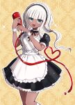  1girl :d alternate_costume apron artist_name bangs black_bow black_bowtie black_dress bottle bow bowtie danganronpa_(series) danganronpa_v3:_killing_harmony dress enmaided eyebrows_visible_through_hair frilled_apron frills grey_eyes grey_hair heart holding holding_bottle ketchup ketchup_bottle kneehighs lace-trimmed_dress lace_trim looking_at_viewer maid maid_headdress mikao_(eanv5385) open_mouth orange_background puffy_short_sleeves puffy_sleeves short_sleeves smile solo sparkle twintails white_apron wrist_cuffs yonaga_angie 