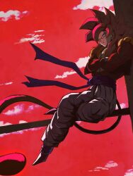  1boy black_vest blue_eyes blue_sash body_fur brown_fur cropped_vest crossed_arms dragon_ball dragon_ball_gt full_body gogeta highres long_hair looking_at_viewer male_focus metamoran_vest monkey_tail open_clothes open_vest pants pato007711 red_sky red_theme redhead sash sky solo spiky_hair super_saiyan super_saiyan_4 tail vest white_pants 