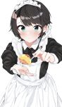  1girl absurdres alternate_costume apron blush brown_hair closed_mouth enmaided food green_eyes hair_ribbon highres hololive incoming_food looking_at_viewer maid maid_apron maid_headdress omurice oozora_subaru ribbon simple_background solo spoon uria123456789 virtual_youtuber white_background 