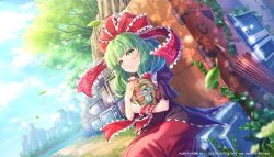  1girl arm_ribbon artist_request bow copyright_notice dutch_angle frilled_ribbon frills front_ponytail green_eyes green_hair highres hina_ningyou kagiyama_hina outdoors puffy_short_sleeves puffy_sleeves red_bow red_ribbon ribbon short_sleeves sitting solo television touhou 