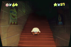  adeleine backwards_long_jump blue_eyes blush blush_stickers closed_mouth commentary_request dark gameplay_mechanics hallway highres indoors king_dedede kirby kirby_(series) no_humans picture_frame sitting sitting_on_stairs smile solo stairs star_(symbol) super_mario_64 super_mario_bros. suyasuyabi user_interface 