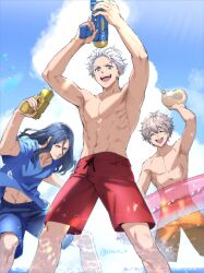  3boys blue_eyes blue_hair blue_pants blue_shirt brown_hair closed_eyes clouds cumulonimbus_cloud hands_up highres innertube medium_hair multiple_boys open_mouth outdoors pants red_pants shirt short_hair smile soul_(tamashii) sugishita_kyoutarou swim_ring tomiyama_chouji toned toned_male umemiya_hajime water_gun white_hair wind_breaker_(nii_satoru) 