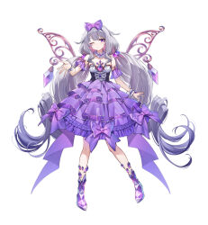  1girl alternate_costume alternate_hairstyle arm_cuffs blowing_kiss blunt_bangs bow breasts chest_jewel collar collarbone commentary corset cowboy_shot cross-laced_clothes cross-laced_corset curry_bowl dress dress_bow drill_hair frilled_collar frilled_skirt frilled_wrist_cuffs frills full_body gem grey_hair hair_bow hololive hololive_english jewel_under_eye koseki_bijou layered_skirt long_hair low_twintails medium_breasts metal_wings multicolored_hair one_eye_closed pink_hair pleated_dress purple_bow purple_dress purple_gemstone see-through see-through_skirt sidelocks simple_background skirt standing strapless strapless_dress twin_drills twintails two-tone_hair very_long_hair virtual_youtuber white_background white_collar wrist_cuffs 
