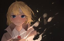  1girl absurdres black_background blonde_hair blue_eyes brown_coat closed_mouth coat detective dissolving edwin62293123 english_commentary highres hololive hololive_english looking_at_viewer necktie portrait red_necktie shirt short_hair simple_background solo tears virtual_youtuber watson_amelia watson_amelia_(1st_costume) white_shirt 