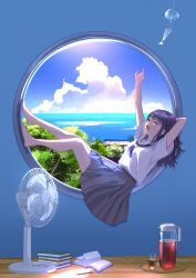  1girl absurdres arm_up barefoot black_hair blue_neckerchief blue_sailor_collar blue_skirt book closed_eyes clouds cloudy_sky cumulonimbus_cloud day electric_fan feet from_side glass highres long_hair lying nap_on_a_cloud neckerchief ocean on_back open_book original pencil pleated_skirt round_window sailor_collar school_uniform serafuku sitting_in_window skirt sky solo summer tree window yawning 