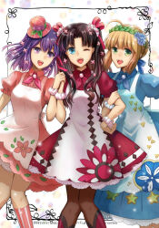  3girls ahoge alternate_costume apron artoria_pendragon_(fate) black_hair blonde_hair blue_eyes braid brooch collared_dress cross_tie dress fate/stay_night fate_(series) flower green_eyes hair_between_eyes hair_flower hair_ornament hair_ribbon hat holding_hands jewelry locked_arms long_hair looking_at_viewer matou_sakura mini_hat multiple_girls no_nose open_mouth pink_hat puffy_short_sleeves puffy_sleeves purple_hair ribbon rinrinri_(fujimiya) saber_(fate) scrunchie short_hair short_sleeves sidelocks smile tohsaka_rin two_side_up violet_eyes wrist_scrunchie 