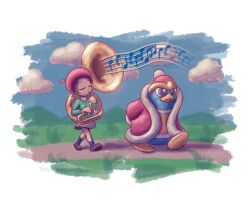  1boy 1girl adeleine archived_source beret blue_eyes closed_eyes drawfag full_body hat highres instrument king_dedede kirby_(series) kirby_64 meme music outdoors playing_instrument pom_pom_(clothes) transparent_background trumpet_boy_(meme) tuba walking 