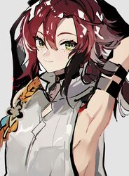  1boy armpits choker genshin_impact green_eyes grey_background highres looking_at_viewer loomyoi2 male_focus mole mole_under_eye redhead shikanoin_heizou shirt sleeveless sleeveless_shirt smile solo white_shirt wristband 