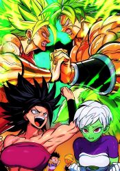  +_+ 3boys 3girls alien arm_up armor aura bare_pectorals black_hair blonde_hair bracer breasts broly_(dragon_ball_super) cabba caulifla cheelai clenched_hands clenched_teeth colored_sclera colored_skin commentary_request dragon_ball dragon_ball_super dragon_ball_super_broly earrings gloves gold_bracer gold_earrings green_hair green_skin hoop_earrings jewelry kale_(dragon_ball) legendary_super_saiyan lemo_(dragon_ball) medium_breasts multiple_boys multiple_girls muscular muscular_female nanika_(nnkgh) no_pupils open_mouth orange_skin pectorals pink_tube_top pixie_cut red_eyes scar scar_on_arm scar_on_chest scar_on_face sharp_teeth short_hair spiky_hair strapless super_saiyan sweatdrop teeth topless_male tube_top veins veiny_arms white_gloves white_hair yellow_sclera 