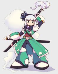  1girl closed_mouth commentary english_commentary full_body ghost grey_background grey_hair highres konpaku_youmu konpaku_youmu_(ghost) looking_at_viewer mega_man_(series) multiple_swords short_hair simple_background solo surrealmason sword sword_behind_back touhou v-shaped_eyebrows weapon 