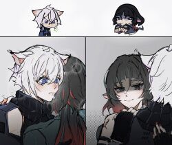  1boy 1girl animal_ears ansan_zip black_gloves black_hair cat_boy cat_ears chibi couple crying fingerless_gloves gloves green_eyes hetero highres jane_doe_(zenless_zone_zero) long_hair mouse_ears mouse_girl multicolored_hair red_nails redhead reference_inset scar scar_on_arm seth_lowell short_hair smile two-tone_hair white_hair zenless_zone_zero 