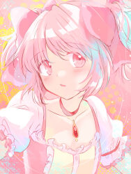  1girl abstract_background aqua_background arms_at_sides buttons center_frills chest_jewel choker collarbone colorful dot_nose expressionless eyelashes eyes_visible_through_hair facing_viewer flat_chest frilled_sleeves frills gem hair_ribbon halftone halftone_background head_tilt highres kaname_madoka kaname_madoka_(magical_girl) kurashikiiine light_blush mahou_shoujo_madoka_magica mahou_shoujo_madoka_magica_(anime) parted_bangs parted_lips pastel_colors pink_eyes pink_hair pink_ribbon pink_theme polka_dot polka_dot_background puffy_short_sleeves puffy_sleeves red_choker red_gemstone ribbon ringed_eyes short_sleeves short_twintails sidelocks sideways_glance simple_background solo soul_gem splatter_background square_neckline tareme twintails upper_body white_background wide-eyed yellow_background 