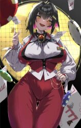  1girl ass_visible_through_thighs black_hair blush breasts card coin colored_inner_hair from_below goddess_of_victory:_nikke hand_on_own_hip high-waist_pants highres hii_(motorholic) holding holding_coin large_breasts looking_at_viewer multicolored_hair name_tag open_mouth pants playing_card poker_chip red_pants redhead rouge_(nikke) shirt short_hair solo standing thigh_gap yellow_eyes 