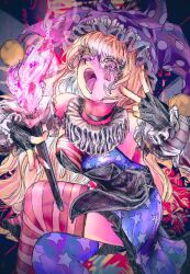  1girl american_flag_legwear blonde_hair clownpiece crossed_legs fingerless_gloves fire gloves hat heart_sticker jester_cap lace_collar long_hair open_mouth pink_eyes pink_fire thigh-highs torch touhou umaieokakitai v 