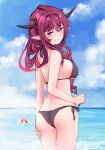  1girl absurdres animal_ears bangs black_hair blue_eyes blush breasts heterochromia highres hololive horns irys_(hololive) long_hair looking_at_viewer medium_breasts multicolored_hair namiorii pointy_ears purple_hair redhead solo streaked_hair swimsuit violet_eyes virtual_youtuber 
