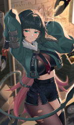  1girl absurdres animal_ears arm_up black_shorts brick_wall cropped_jacket garter_straps green_eyes green_hair green_jacket highres huahu_(unstoppable) jacket jane_doe_(zenless_zone_zero) long_sleeves mouse_ears mouse_girl mouse_tail necktie pantyhose sharp_tail shorts single_garter_strap single_leg_pantyhose single_thighhigh solo tail thigh-highs torn_clothes torn_pantyhose two-tone_necktie zenless_zone_zero 