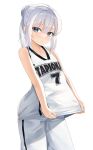  1girl bangs bare_arms bare_shoulders basketball_jersey blue_eyes closed_mouth collarbone eyebrows_visible_through_hair grey_hair hair_between_eyes hair_bun highres looking_at_viewer original ponytail shorts simple_background solo sweat tapioka_(oekakitapioka) white_background white_shorts 