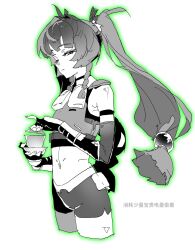  1girl absurdres android armpit_peek braid chinese_text closed_mouth cropped_legs expressionless fingerless_gloves from_side gloves green_eyes green_outline hair_intakes highres holding holding_weapon long_hair looking_at_viewer low-tied_long_hair midriff outline profile qingyi_(zenless_zone_zero) short_shorts shorts side_braids simple_background simplified_chinese_text solo spot_color translation_request twintails weapon white_background yanghua_gaizi zenless_zone_zero 