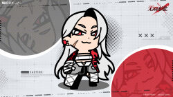  1girl :3 absurdres asymmetrical_arms bandaged_arm bandages bkub black_pants chibi circle copyright_name copyright_notice cracked_skin detached_sleeves english_text full_body gradient_skin grey_background grid_background halftone halftone_background highres logo long_hair ninety-nine_(path_to_nowhere) official_art official_wallpaper pants path_to_nowhere red_eyes red_sleeves scar scar_on_face single_detached_sleeve solo standing strapless tube_top v-shaped_eyebrows white_hair white_tube_top zoom_layer 
