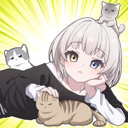  1girl absurdres animal_on_head bang_dream! bang_dream!_it&#039;s_mygo!!!!! black_shirt blue_eyes blush cat cat_on_head commentary_request emphasis_lines head_rest heterochromia highres kaname_raana korean_commentary layered_sleeves long_sleeves looking_at_viewer lying on_head open_mouth petting shirt short_over_long_sleeves short_sleeves solo vector_(dmlddmld00) white_hair white_shirt yellow_eyes 