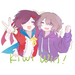  2boys :d arm_up blonde_hair bracelet brown_hair check_commentary chinese_commentary closed_eyes commentary commentary_request english_text fang firebreathman happy headband hood hood_down hoodie jewelry male_focus minecraft_youtube multiple_boys one_eye_closed purple_hoodie purpled ribbon short_hair simple_background sketch smile v violet_eyes wen_se_nan_sen white_background yellow_ribbon 