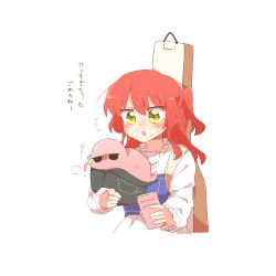  1girl :d baseball_cap black_hat blush bocchi_the_rock! cube_hair_ornament dress flying_sweatdrops gotoh_hitori gotoh_hitori_(tsuchinoko) hair_between_eyes hair_ornament hat holding holding_hat holding_unworn_clothes in_hat instrument_case kita_ikuyo long_hair one_side_up rebecca_(keinelove) redhead simple_background smile translation_request white_background white_dress yellow_eyes 