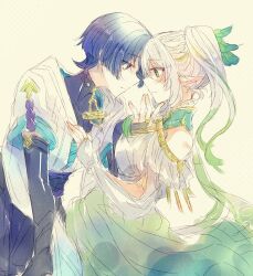  1boy 1girl adapted_costume aged_up alternate_height aqua_sleeves arabian_clothes arm_support armor black_bodysuit black_eyes black_hair blunt_ends blush bodysuit bridal_gauntlets closed_mouth collar couple dress expressionless face-to-face frilled_collar frills from_side genshin_impact gold_ring gold_trim green_collar green_dress green_eyes green_hair hair_ornament hand_in_another&#039;s_hair hand_on_another&#039;s_chest hetero highres japanese_armor japanese_clothes kimono kote kurokote layered_clothes layered_kimono layered_sleeves leaf leaf_hair_ornament leaning_back leaning_forward looking_at_another middle_ring multicolored_hair nahida_(genshin_impact) open_clothes open_kimono pointy_ears purple_rope rope scaramouche_(genshin_impact) see-through see-through_sleeves short_sleeves shrug_(clothing) sketch streaked_hair wanderer_(genshin_impact) white_background white_dress white_hair white_kimono white_sleeves yamo_(sky2world) 