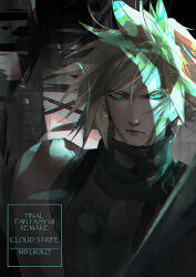  1boy artist_name blonde_hair blue_eyes character_name closed_mouth cloud_strife copyright_name english_commentary final_fantasy final_fantasy_vii final_fantasy_vii_remake lips looking_at_viewer male_focus miyukiko short_hair single_bare_shoulder sleeveless sleeveless_turtleneck solo spiky_hair sweater turtleneck turtleneck_sweater upper_body 