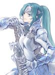  1girl armor bangs blue_eyes fantasy green_hair hair_behind_ear highres holding holding_sheath holding_sword holding_weapon knight metal_gloves original parted_bangs ponytail sheath silver_hairband smile solo sword weapon white_background yonemura_kouichirou 