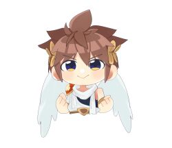  1boy :&gt; ancient_greek_clothes angel angel_wings bare_shoulders blue_eyes brown_hair chibi chibi_only clenched_hands commentary greco-roman_clothes highres kid_icarus kid_icarus_uprising laurel_crown no_nose oyu_(gu_hz50) pit_(kid_icarus) scarf simple_background spiky_hair symbol-only_commentary white_background wings 