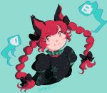  1girl animal_ears black_bow bow braid cat_ears cropped_shoulders dress fang fang_out floating_skull ghost green_background green_dress henemimi highres hitodama kaenbyou_rin long_hair puffy_sleeves red_eyes redhead signature sketch skull smile touhou twin_braids 