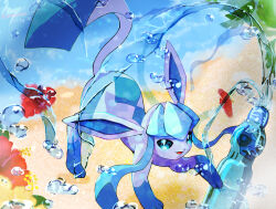  animal animal_focus beach blue_eyes blue_hair bottle flower glaceon highres no_humans open_mouth orange_flower pokemon pokemon_(creature) red_flower sidelocks smile soda solo water yutano_(yutano_tantan) 