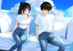  1boy 1girl alternate_costume alternate_hairstyle arm_support artist_logo artist_name bangs black_hair breasts brown_hair chitanda_eru clouds collarbone couch day denim eyebrows_visible_through_hair green_eyes highres hyouka jeans large_breasts long_hair looking_at_another mery_(yangmalgage) oreki_houtarou outdoors pants parted_lips ponytail shirt shirt_tucked_in short_hair short_sleeves sitting white_shirt 