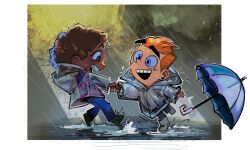  1boy 1girl 3459pigeon blue_eyes brown_hair child coat dev_dimmadome full_body hazel_wells highres holding_hands open_mouth orange_hair pants rain raincoat see-through see-through_coat shoes smile teeth the_fairly_oddparents the_fairly_oddparents:_a_new_wish umbrella upper_teeth_only 