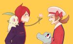  1boy 1girl :d bow brown_hair cabbie_hat chikorita closed_eyes cowlick flower from_side hat hat_bow jacket jaho long_hair lyra_(pokemon) open_mouth pink_flower pokemon pokemon_(game) pokemon_hgss purple_jacket red_bow red_shirt redhead shirt silver_(pokemon) simple_background smile teeth totodile upper_teeth white_headwear yellow_background 