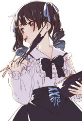  1girl black_bow black_bowtie black_hair black_mask black_skirt blue_hair blue_ribbon bow bowtie buttons chopsticks clothing_cutout collarbone collared_shirt drill_hair eating food food_in_mouth frilled_shirt frilled_sleeves frills gradient_hair hair_ornament hair_ribbon hairclip high-waist_skirt highres holding holding_bento holding_chopsticks jirai_kei long_sleeves looking_to_the_side mask mask_pull mouth_mask multicolored_hair namori nijisanji puffy_long_sleeves puffy_sleeves ribbon shirt shirt_tucked_in shoulder_cutout shrimp shrimp_tempura simple_background skirt solo surgical_mask tempura tsukino_mito tsukino_mito_(14th_costume) twin_drills violet_eyes virtual_youtuber white_background white_shirt 