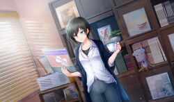  1girl black_hair black_jacket black_undershirt blue_pants book bookshelf cinderella_series closed_mouth collarbone collared_shirt cup dutch_angle film_grain game_cg green_eyes hachigatsu_no_cinderella_nine hair_between_eyes highres holding holding_cup holding_record indoors jacket lens_flare light_particles looking_at_object non-web_source official_art pants shirt shirt_under_shirt short_hair smile solo standing stuffed_toy teacup tsukumo_kana turntable white_shirt window_blinds 