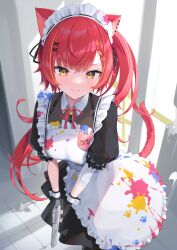  1girl :3 animal_ears apron bandages bell black_dress braid braided_bangs cat_ears cat_girl cat_tail collared_dress cross_hair_ornament dress fingerless_gloves frilled_apron frills gloves gun hair_ornament hair_ribbon hairpin handgun highres holding holding_gun holding_weapon long_hair maid maid_apron maid_headdress neck_bell neck_ribbon nekota_tsuna nekota_tsuna_(3rd_costume) paint paint_splatter puffy_sleeves redhead ribbon see-through short_sleeves side_ponytail sidelocks sn_kaze solo strap tail virtual_youtuber vspo! weapon wrist_cuffs yellow_eyes 