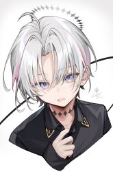  1boy adjusting_clothes ahoge bishounen black_shirt blue_eyes collared_shirt dated earrings gem grey_hair hair_between_eyes halo highres jewelry male_focus mole mole_under_eye multicolored_eyes multiple_moles nixtutyannh original pale_skin parted_bangs piercing pink_eyes portrait shirt short_hair signature simple_background smile stud_earrings tongue tongue_out violet_eyes white_background white_hair 