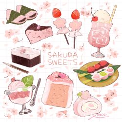  bowl cake cake_slice cherry cherry_blossoms commentary_request cup drink drinking_straw english_text food food_focus food_request fruit grid_background highres ice ice_cream ice_cream_float ice_cube leaf miri_illust no_humans original pink_theme signature skewer spoon still_life strawberry sweets swiss_roll 