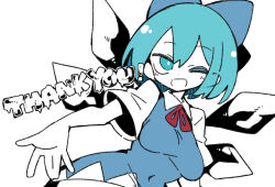  1girl blue_bow blue_dress blue_eyes blue_hair bow breasts cirno covered_navel detached_wings dress english_text hair_bow ice ice_wings looking_at_viewer massakasama one_eye_closed short_hair solo touhou wings 