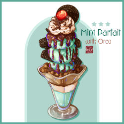  artist_logo artist_name cherry chocolate_syrup cookie food food_focus food_name fruit highres ice_cream mint_chocolate no_humans oreo original parfait star_(symbol) still_life yuki00yo 