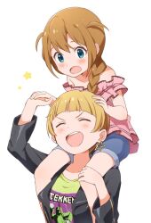  2girls ^_^ aqua_eyes baba_konomi bare_shoulders black_jacket blonde_hair blue_shorts blush braid breasts brown_hair buchi_(y0u0ri_) carrying closed_eyes collarbone dot_nose earrings fukuda_noriko green_shirt hair_over_shoulder hand_on_another&#039;s_head hand_on_another&#039;s_knee heads_together idolmaster idolmaster_million_live! idolmaster_million_live!_theater_days jacket jewelry large_breasts long_hair long_sleeves looking_at_another multiple_girls off-shoulder_shirt off_shoulder open_clothes open_jacket open_mouth pink_shirt print_shirt shirt short_hair short_sleeves shorts shoulder_carry simple_background single_braid smile star_(symbol) star_earrings teeth upper_teeth_only v-shaped_eyebrows white_background 