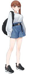  1girl absurdres backpack bag belt black_footwear blush breasts brown_eyes brown_hair closed_mouth full_body highres kopaka_(karda_nui) long_hair long_sleeves looking_at_viewer original shirt shoes simple_background skirt sneakers solo standing white_background white_shirt 