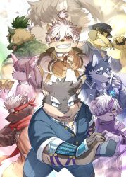  6+boys animal_ears black_sclera blue_eyes claws closed_mouth colored_sclera commentary_request dog_boy dog_ears fangs furry furry_male green_eyes heterochromia highres holding holding_sword holding_weapon looking_at_viewer looking_to_the_side male_focus masanori_(housamo) masashi_(housamo) moritaka_(housamo) multiple_boys multiple_scars nobumichi_(housamo) orange_eyes pawpads ponytail ponzu_tas red_eyes scar scar_on_arm scar_on_face shino_(housamo) smile sword tadatomo_(housamo) tanetomo_(housamo) tokyo_afterschool_summoners weapon yasuyori_(housamo) yellow_eyes yellow_sclera yoshito_(housamo) 