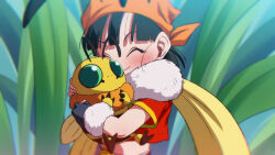  1girl ^_^ animal bandana bee belt black_belt black_hair bug closed_eyes closed_mouth commentary_request dragon_ball dragon_ball_gt fur_trim holding holding_animal orange_bandana pan_(dragon_ball) red_shirt rom_(20) shirt short_hair short_sleeves smile solo upper_body wings 