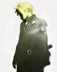  1boy belt blonde_hair cloud_strife coat commentary final_fantasy final_fantasy_vii final_fantasy_vii_advent_children highres male_focus shaded_face skinqw solo white_background 