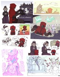  4girls 5others alriune ascot big_and_will_be_bad_wolf black_cape black_gloves cape capelet colored_skin dress english_text fairy_festival flower force_(4sk_force) fragment_of_the_universe gloves grey_ascot grey_veil hair_flower hair_ornament highres hood hooded_capelet ice il_pianto_della_luna indoors instrument korean_text little_red_riding_hooded_mercenary lobotomy_corporation monster_girl multiple_girls multiple_others music piano playing_instrument playing_piano project_moon purple_dress purple_flower purple_rose red_cape red_capelet rose simple_background sitting snow_queen_(project_moon) snow_sculpture speech_bubble the_silent_orchestra throne translation_request washing_machine white_background white_skin 