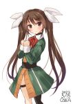  1girl adapted_costume artist_name asymmetrical_legwear black_legwear bow bowtie brown_hair commentary_request cowboy_shot dated dress green_dress hair_between_eyes hair_ribbon highres kantai_collection long_hair looking_at_viewer one-hour_drawing_challenge owa_(ishtail) red_bow red_bowtie ribbon simple_background solo standing tone_(kancolle) twintails uneven_legwear white_background 